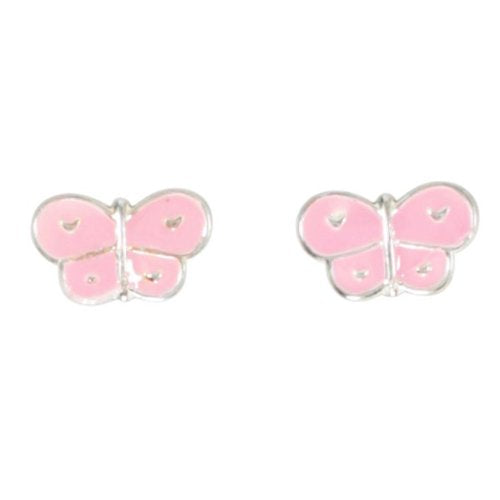 Tiny Pink Enamel Butterfly Post Earrings in Sterling Silver, Suitable for Children or Adults, #7172S