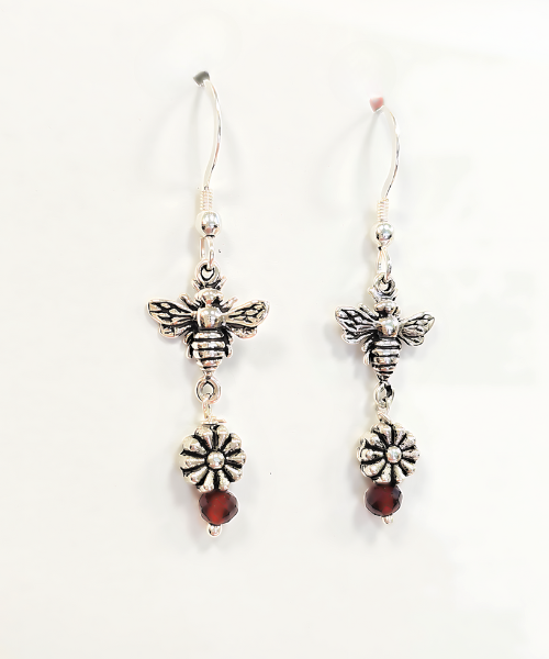 Limited Edition Honeybee Flower and Garnet Gemstone Sterling Silver Dangle Earrings #9010