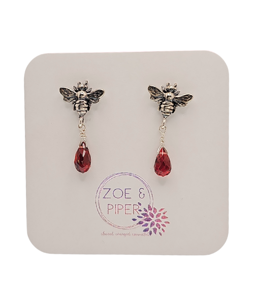 Limited Edition Honeybee and Garnet Gemstone Sterling Silver Stud Earrings #9011