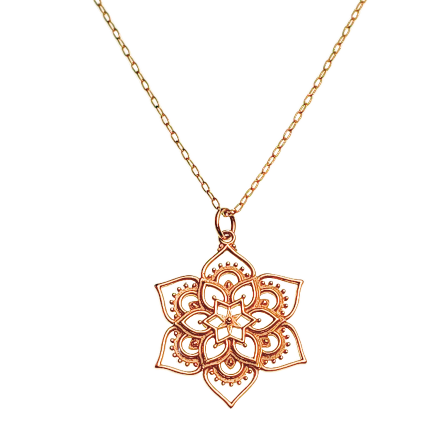 New! Detailed Openwork Lotus Flower Mandala Pendant on a 20" Gold Filled Chain #8114-brz