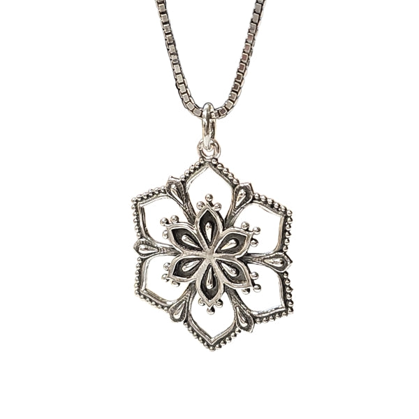 Detailed Flower Mandala Pendant on a 20" Rhodium Plated Sterling Silver Necklace #8111