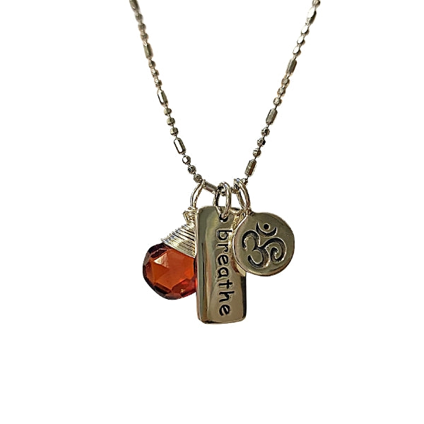 OM (Aum), Garnet Briolette Gemstone and BREATHE Charm Necklace on an 18" Chain, #7053