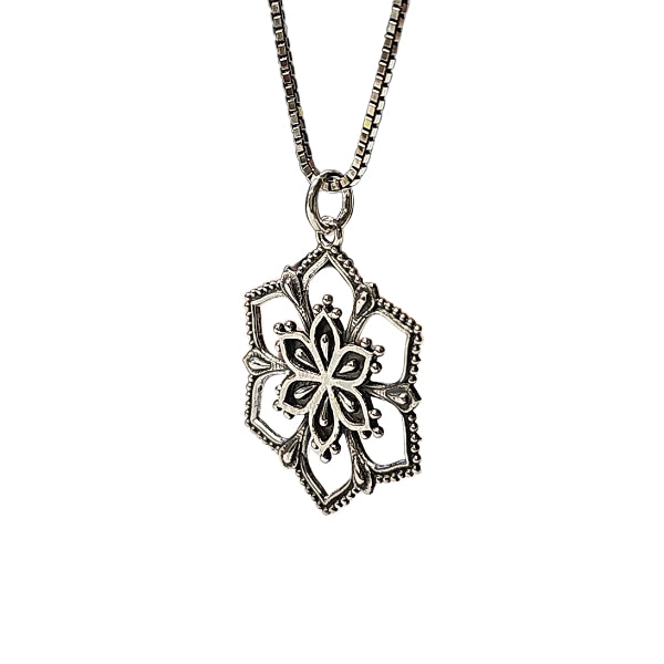 Detailed Flower Mandala Pendant on a 20" Rhodium Plated Sterling Silver Necklace #8111