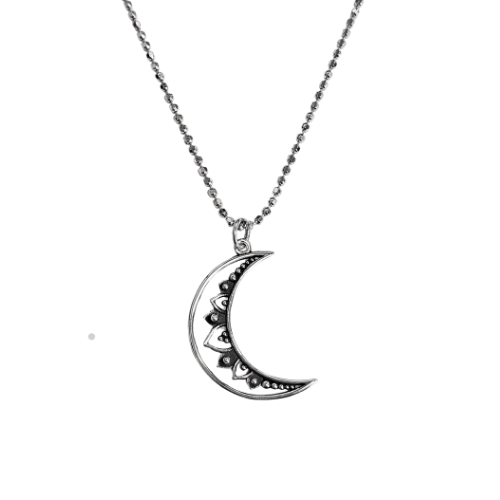 Medium Crescent Moon Mandala Sterling Silver 18" Necklace #6004