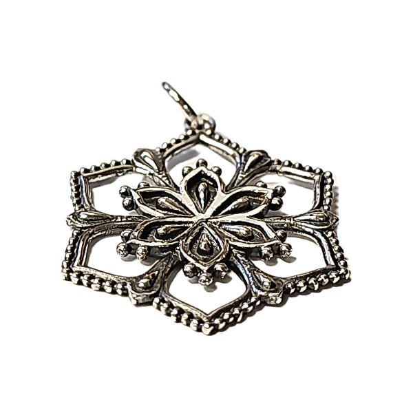 Detailed Flower Mandala Pendant on a 20" Rhodium Plated Sterling Silver Necklace #8111