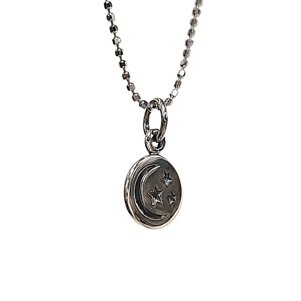 Tiny Crescent Moon and Stars Disk on Rhodium Plated Sterling Silver 16" or 18" Chain, 7976