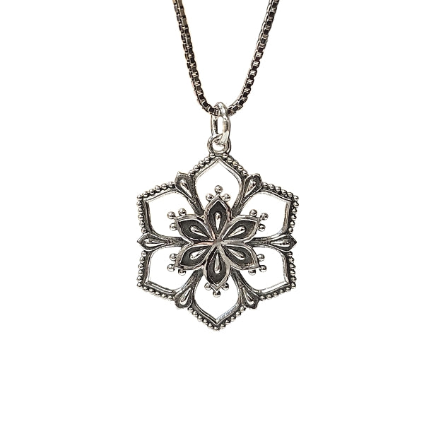 Detailed Flower Mandala Pendant on a 20" Rhodium Plated Sterling Silver Necklace #8111