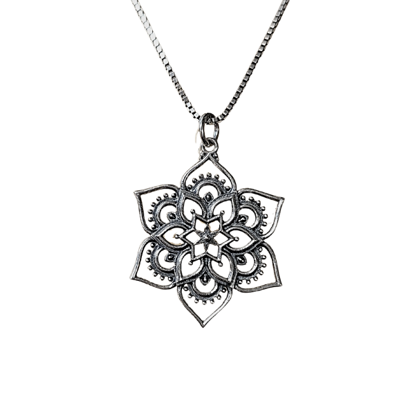 Detailed Openwork Lotus Flower Mandala Pendant on a 20" Rhodium Plated Sterling Silver Necklace #8114