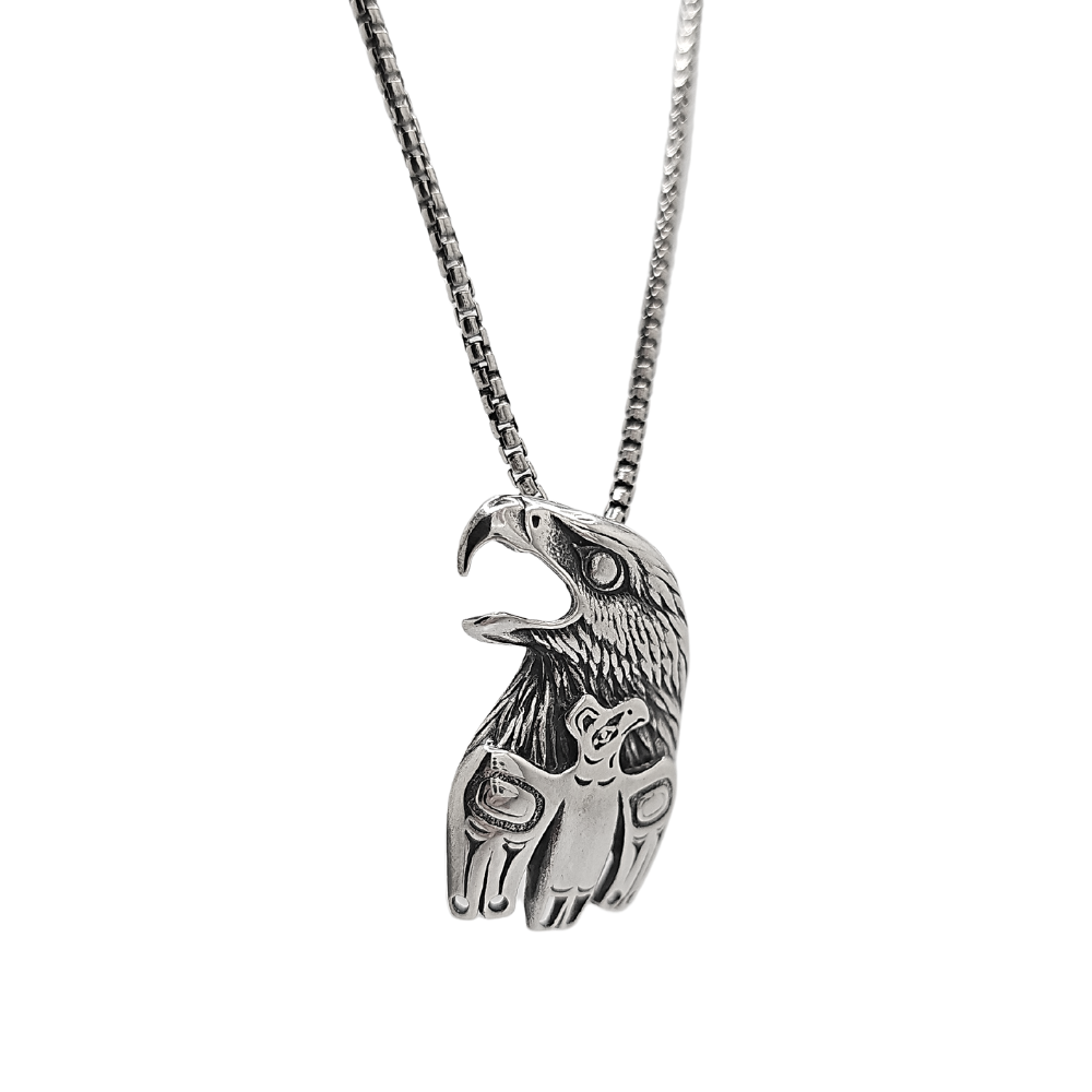 Mens Tribal Eagle Totem Necklace in Sterling Silver on a 1.8mm Box Chain, #6697