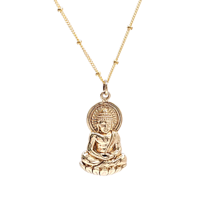 Detailed Sitting Young Buddha Necklace in Bronze on 20" Gold Chain, #7039-brz