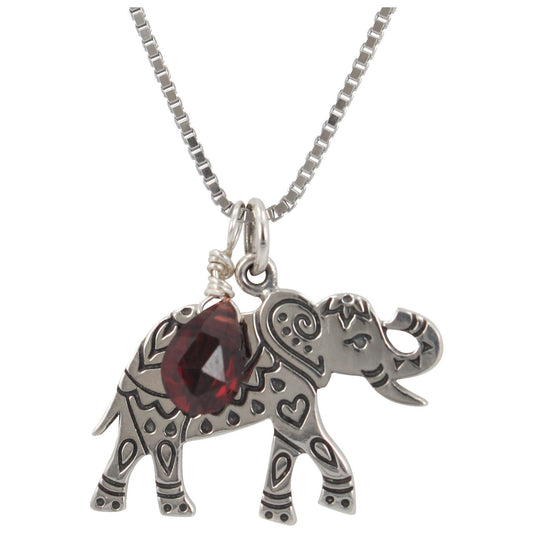 Good Luck Elephant Necklace with Garnet, #6274-ss