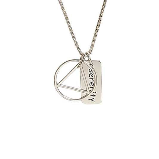 Geometric Triangle in Circle With Serenity Tag or AA NA Recovery Symbol Charm Necklace In Sterling Silver, #6144