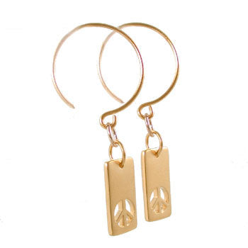 Rectangular Gold Peace Sign Dangle Earrings on Hoops in Gold Vermeil, 8151