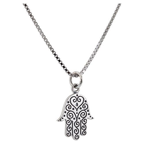 Hamsa Hand Necklace in Sterling Silver on a Rhodium Plated Box Chain, #6247-ss