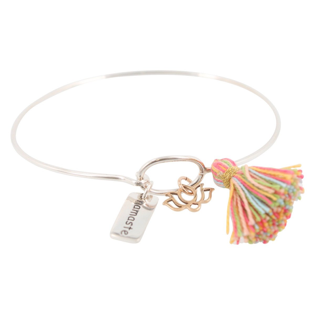 Bangle Bracelet with Namaste, Lotus, & Tassel Charms, #6597-ss