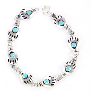 Navajo Handcrafted Bear Paw Link Bracelet in Sterling Silver and Turquoise