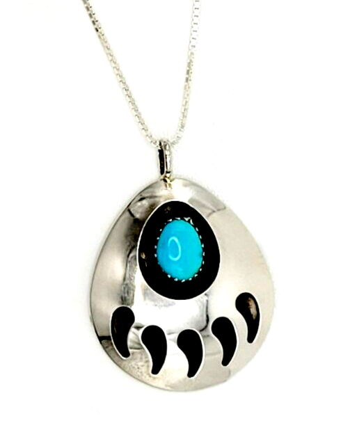 Large Navajo Hand Crafted Turquoise Bear Paw 20" Sterling Silver Necklace #6568