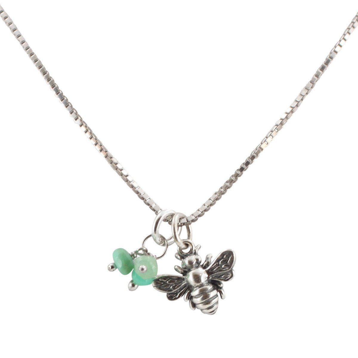 Tiny Honey Bee Necklace with Chrysoprase Gemstones, #6707-ss