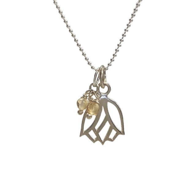 Limited Edition Hanging Lotus Flower and Citrine Gemstones Necklace in Sterling Silver, 16", 18" or 20" #7587