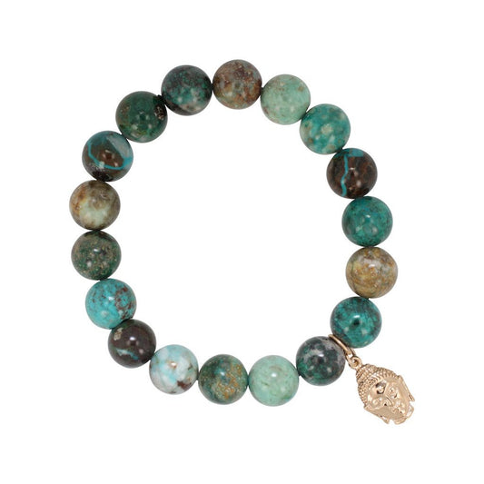 12mm Chrysocolla Energy Bracelet with Bronze Buddha Head Charm, #6947