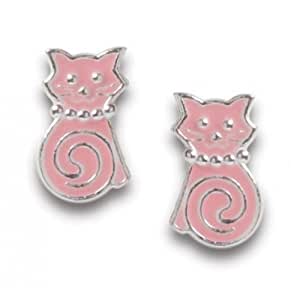 Children's Tiny Enamel Swirl Tail Cat Post Earrings in Sterling Silver, #6635