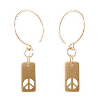 Rectangular Gold Peace Sign Dangle Earrings on Hoops in Gold Vermeil, 8151