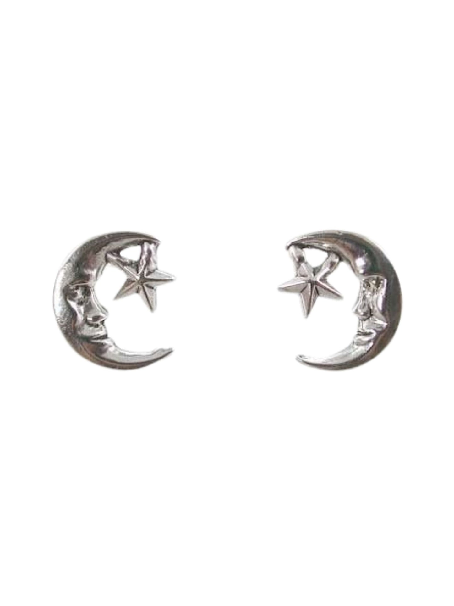 Tiny Man in the Moon and Star Stud Earrings in Sterling Silver, #9508