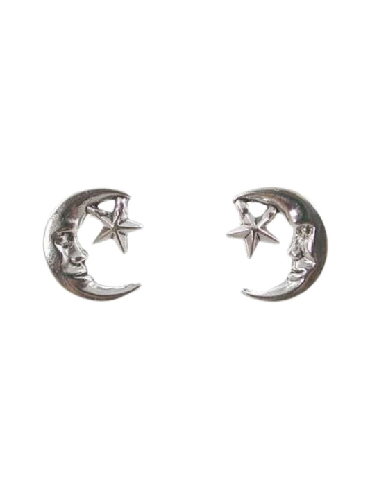 Tiny Man in the Moon and Star Stud Earrings in Sterling Silver, #9508