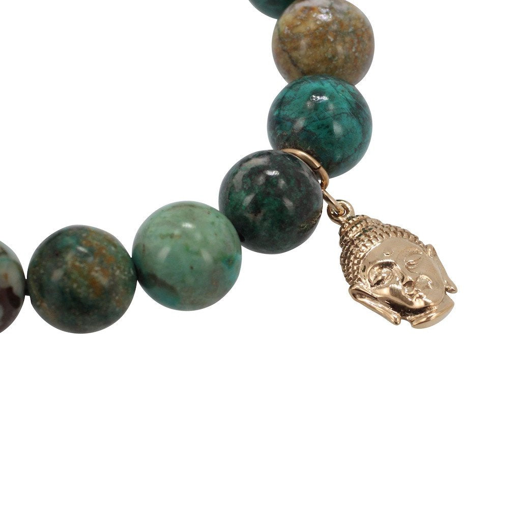 12mm Chrysocolla Energy Bracelet with Bronze Buddha Head Charm, #6947