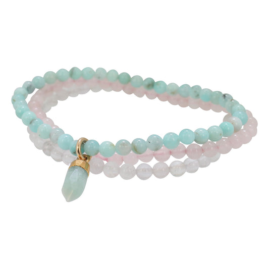 Gemstone Stretch Bracelet Set with Amazonite Charm, #6478