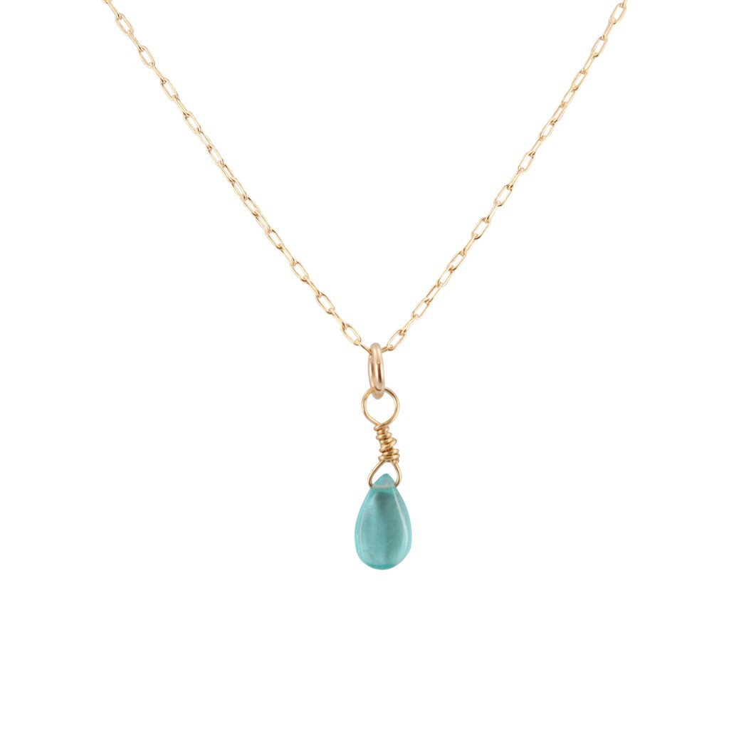 Dainty Throat Chakra Necklace with Light Apatite Briolette on Gold Filled Chain, #6589-yg