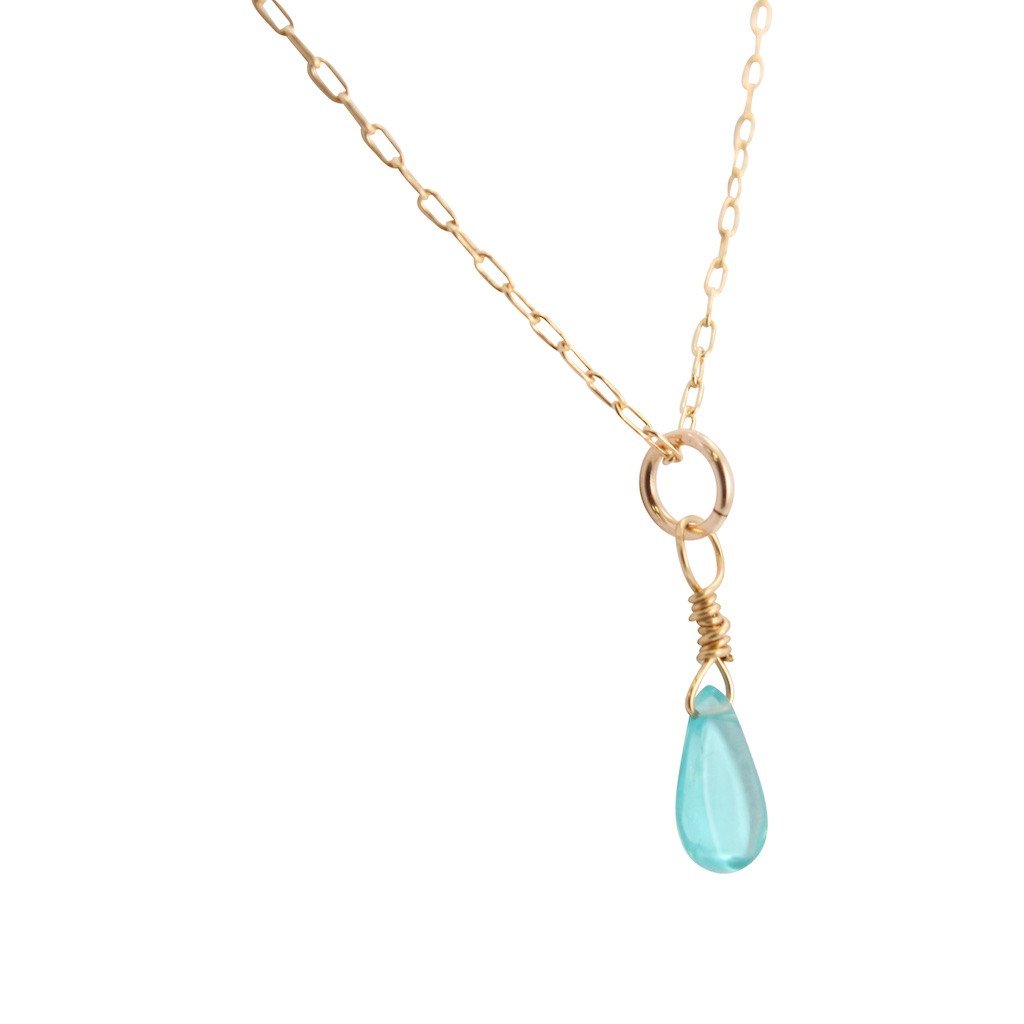 Dainty Throat Chakra Necklace with Light Apatite Briolette on Gold Filled Chain, #6589-yg