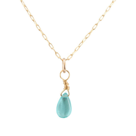 Dainty Throat Chakra Necklace with Light Apatite Briolette on Gold Filled Chain, #6589-yg