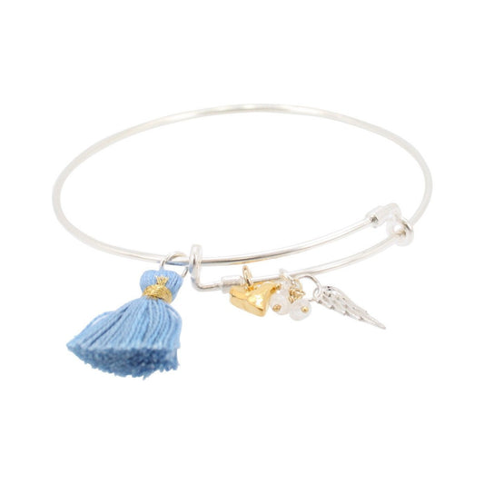 Bangle Bracelet with Angel Wing, Moonstone, Heart, and Tassel Charms, #6592-ss