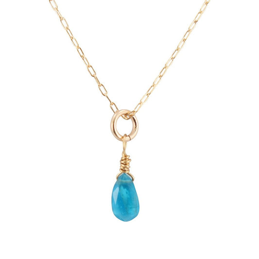 Dainty Throat Chakra Necklace with Dark Apatite Briolette on Gold Filled Chain, #6589-yg
