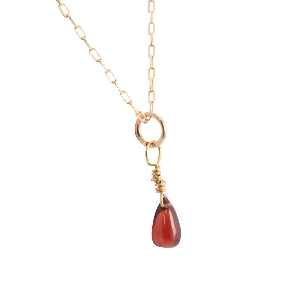 Dainty Heart Chakra Necklace with Garnet Briolette on Gold Filled Chain, #6589-yg