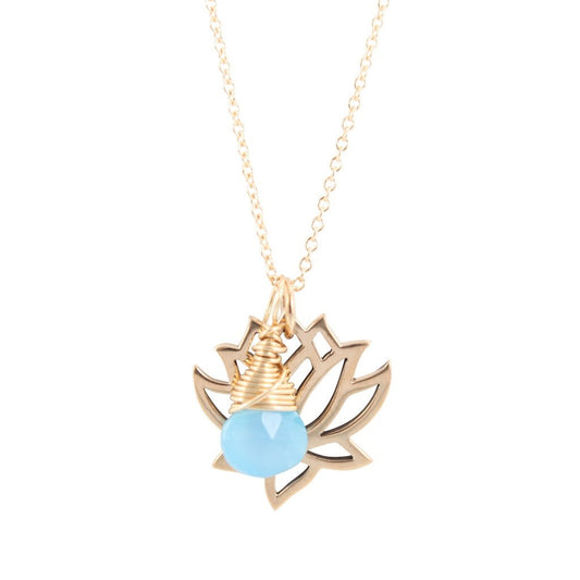 Bronze Lotus Necklace with Blue Chalcedony Briolette, #6850-brz
