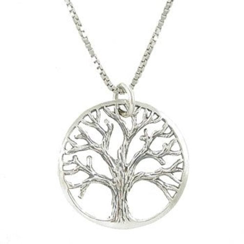 Round Open Design Tree of Life in Sterling Silver on a 20" Rhodium and Sterling Silver Box Chain for Men or Women, #7791