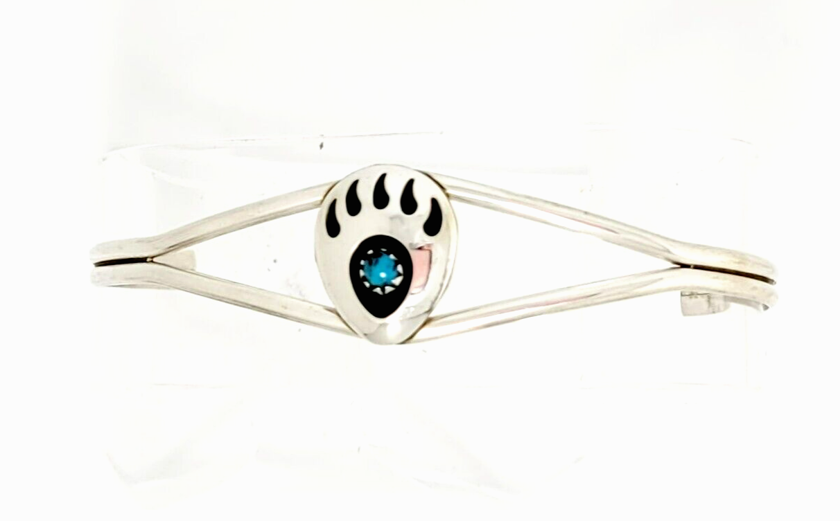 Navajo Handcrafted Bear Paw Cuff Bracelet in Sterling Silver & Turquoise