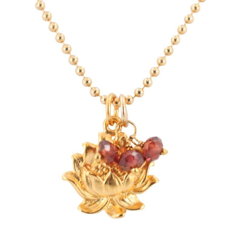 Detailed Lotus Necklace in Gold with Garnet Gemstones, #7020-yg