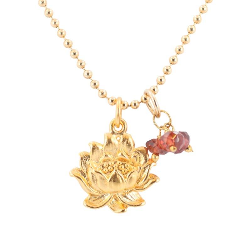 Detailed Lotus Necklace in Gold with Garnet Gemstones, #7020-yg