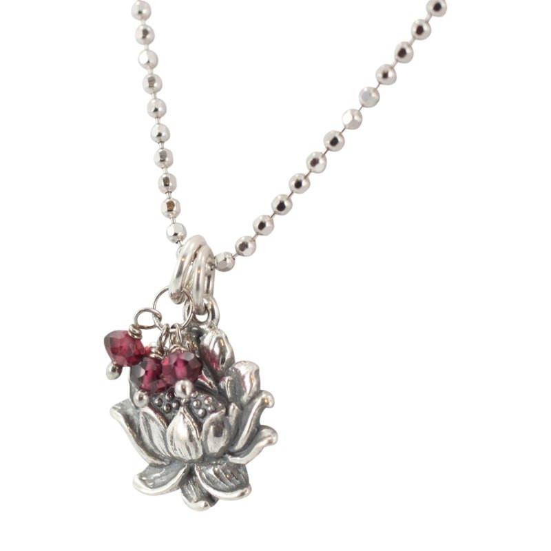 Detailed Lotus Necklace with Garnet Gemstones in Sterling Silver, #7022-ss