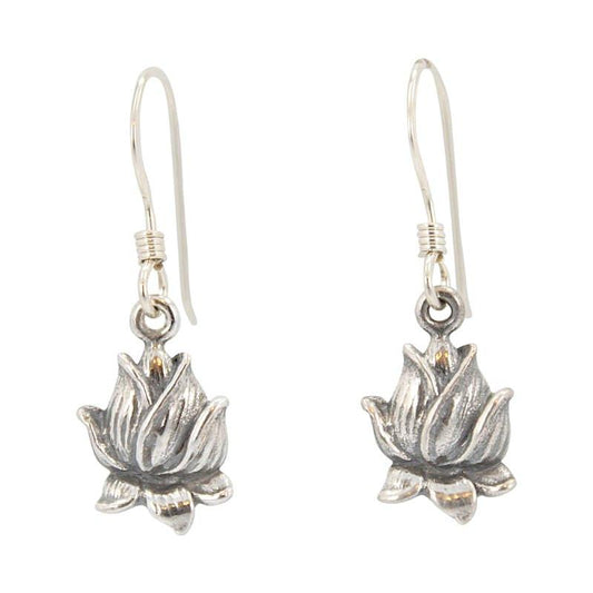 Detailed Closed Lotus Flower Dangle Earrings in Sterling Silver, #7082-ss