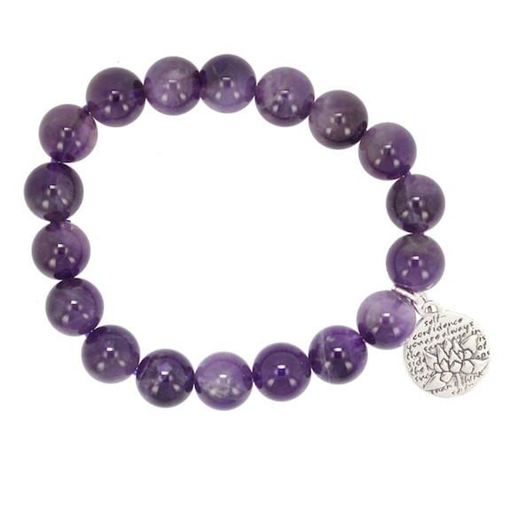 Lotus with Words of Inspiration on 10mm Purple Amethyst Bracelet, #7191