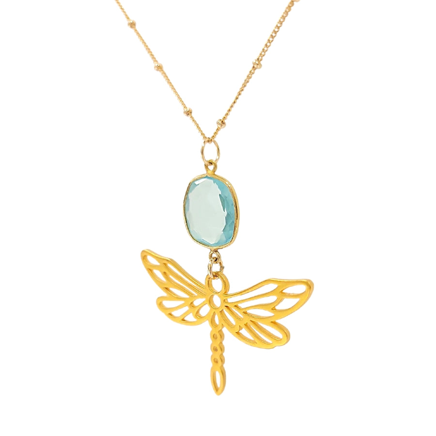 NEW ITEM! Limited Edition Dragonfly and Blue Quartz 12K Gold Filled Pendant on a 16" - 20" Adjustable Saturn Chain #7709