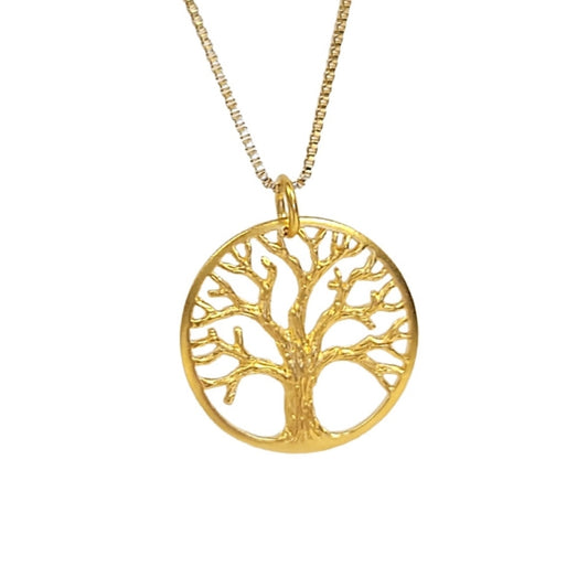 Round Open Design Tree of Life in 24K Gold Plate on a 18"-20" Gold Filled Box Chain for Men or Women, #7791-yg