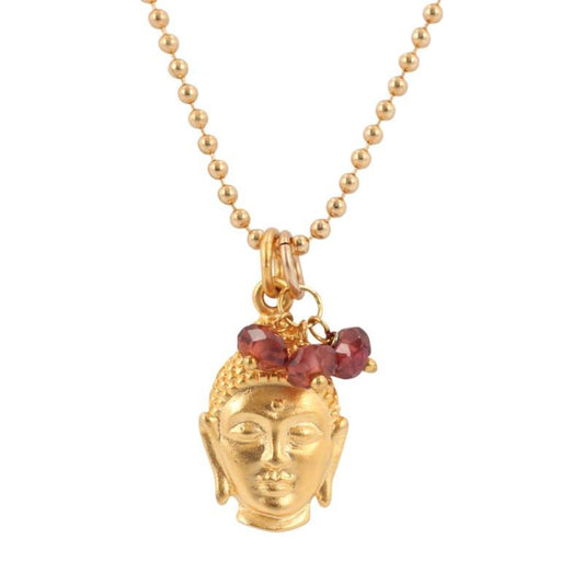 Buddha Necklace with Garnet Gemstones in 24k Gold Plated Bronze, #7034-yg