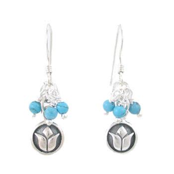 Small Raised Lotus Flower Earrings with Turquoise Beads, #8181-ss