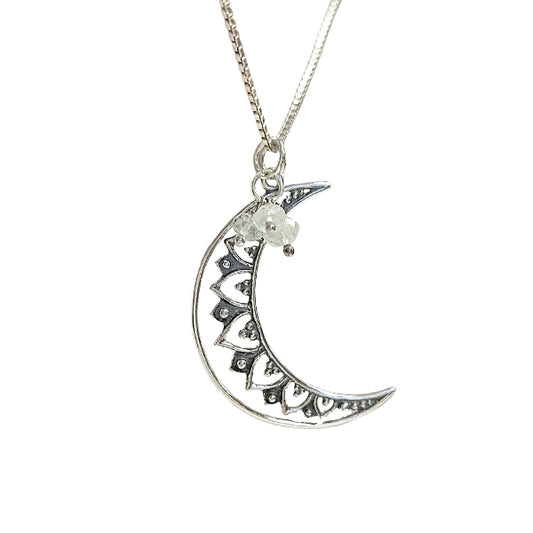 Crescent Moon Mandala with Moonstone Necklace in Sterling Silver 16", 18", 20" 24" or 30", #6107