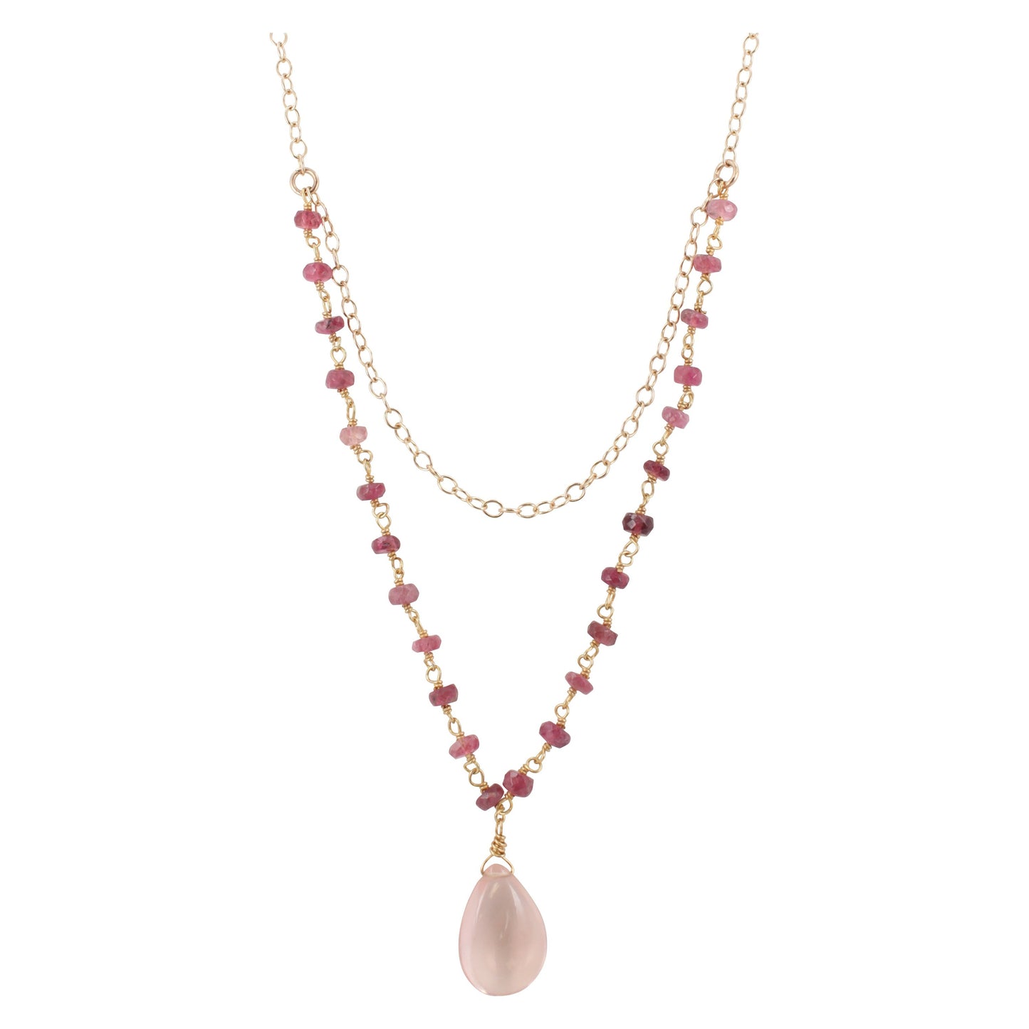 Pink Tourmaline and Rose Quartz Layer Necklace, #6413-yg